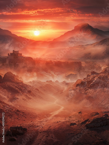Dirt desert road leading to a ancient city civilization. Vibrant sunset sky. Fictional middle eastern biblical city castle ruins. Arid dry landscape with mountains. Cities such as: Ephesus, Corinth photo