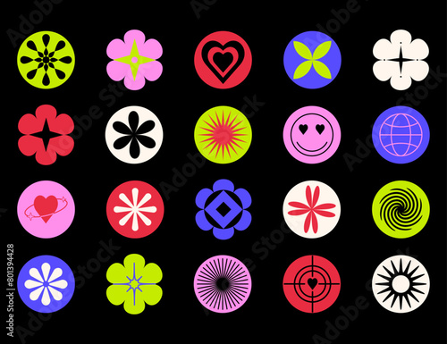 Cool trendy round sticker design elements set with smiley faces, flowers, stars. Abstract geometric shapes and forms in cartoon illustration style, icons collection, badges, patches
