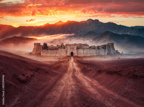 Dirt desert road leading to a ancient city civilization. Vibrant sunset sky. Fictional middle eastern biblical city castle ruins. Arid dry landscape with mountains. Cities such as: Bethany, Antioch photo