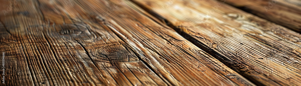 Fototapeta premium Rustic Wooden Tabletop: Close-Up of Textured and Weathered Wooden Tabletop with Natural Grain