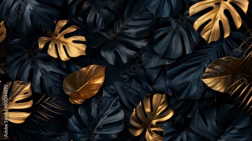 A luxurious design of lush overlapping tropical leaves in dark and gold tones.