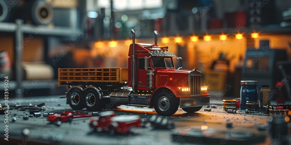 Detailed Model Truck on Workbench in Industrial Workshop Setting