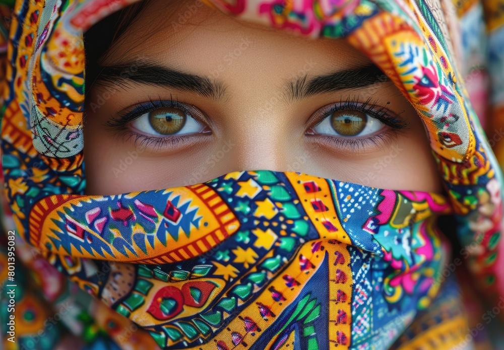 Captivating Close-Up: Stunning Young Woman Radiating Beauty in Colorful Attire