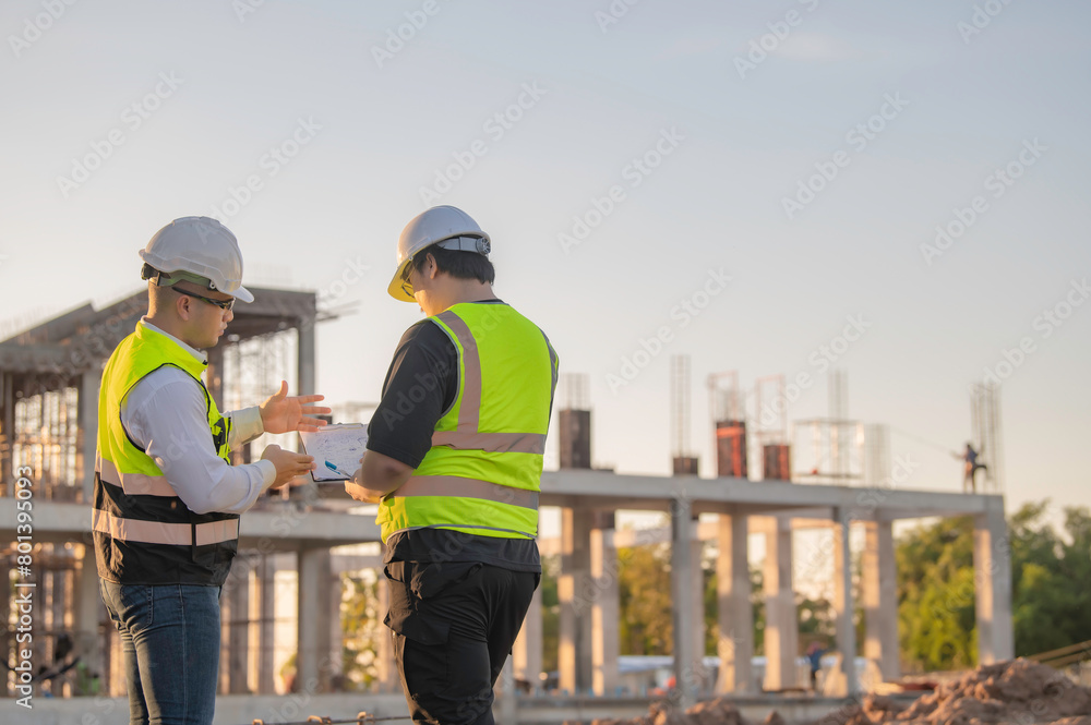 Two Asian engineer working at site of a large building project,Thailand people,Work overtime at construction site,Team of engineer discus at site Two Asian engineer working at site of a large building project,Thailand people,Work overtime at construction site,Team of engineer discus at site