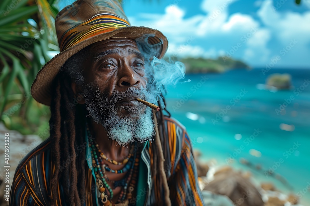 Elderly Rastafarian man with a long beard and dreadlocks, wearing a striped shirt and a hat, smokes a spliff against a Caribbean backdrop.