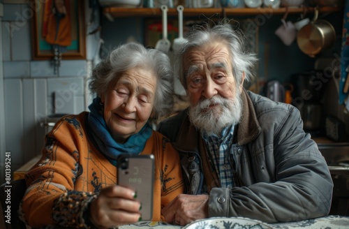 senior couple taking photo with smartphone in kitchen, in the style of light gray and light gold, elina karimova, picassoesque, combining natural and man-made elements, absinthe culture, mommy's  photo