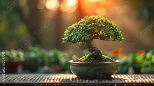 Serene ambiance captured by a bonsai tree gracefully nestled in its ceramic pot, a symbol of patience and balance.