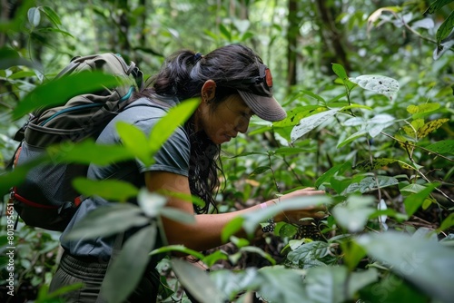 A researcher immersed in a dense tropical forest studies native plants and their use in traditional medicine and the culture of local communities. photo