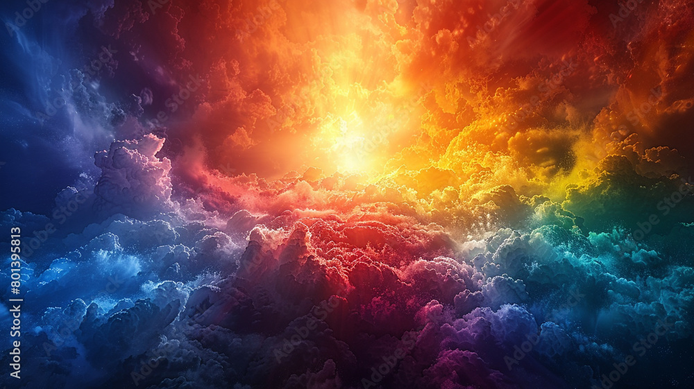A burst of rainbow colors erupting from a point of pure white light.