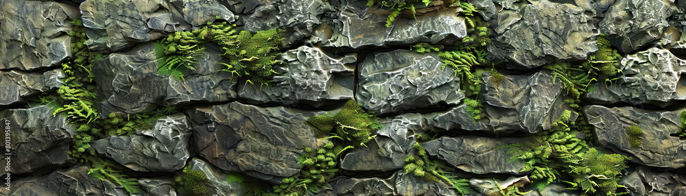 Weathered Stone Wall: Close-Up of Textured Stone Wall with Mossy Growth and Rustic Appearance