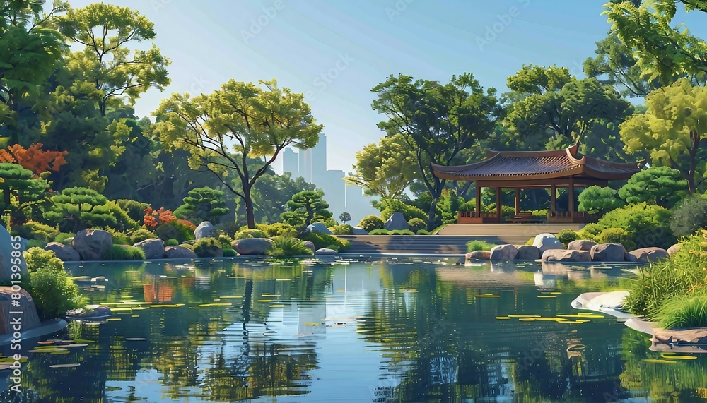 The Help Desk Oasis, tranquil oasis in a bustling digital landscape, with a serene pond surrounded by lush greenery and comfortable seating areas.