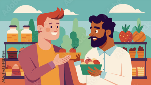 Two men engage in a friendly competition at a gourmet food market each trying to find the most unique and exotic ingredient to surprise their.