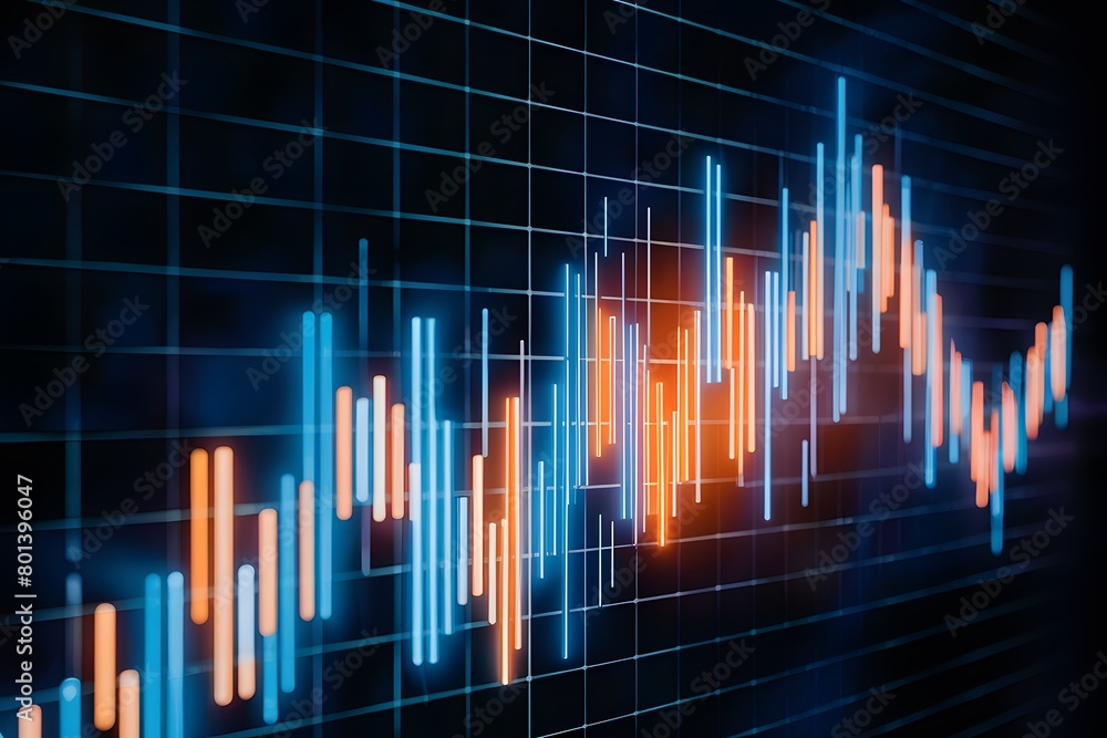 Digital bar chart displaying fluctuating blue and orange bars against a dark grid background Digital bar chart displaying fluctuating blue and orange bars against a dark grid background