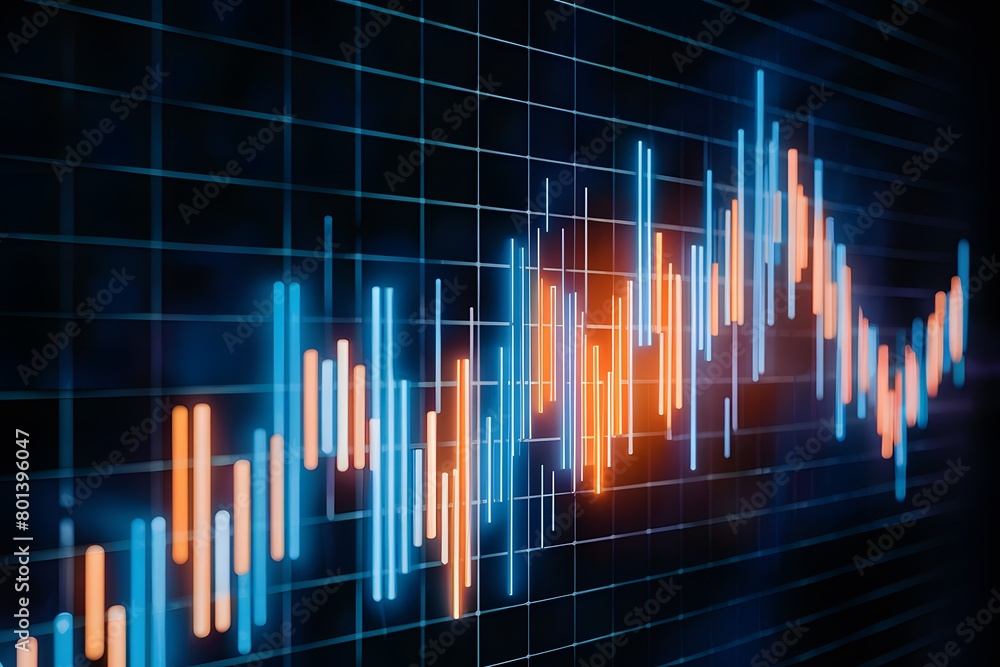 Digital bar chart displaying fluctuating blue and orange bars against a dark grid background