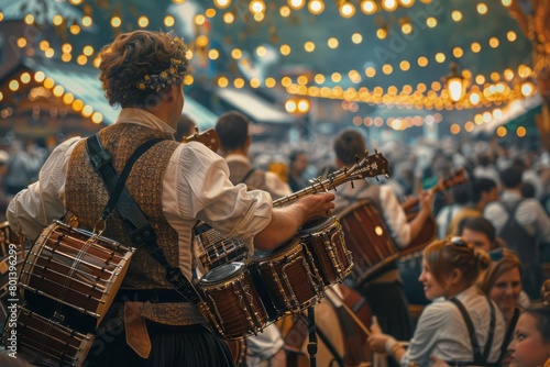 Traditional Bavarian band performing on stage at Oktoberfest, crowd enjoying the music photo