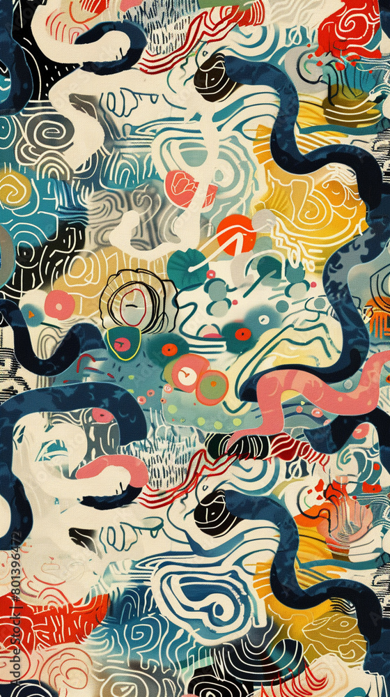 Whimsical doodle lines weaving through abstract patterns, featuring subtle national motifs as a background