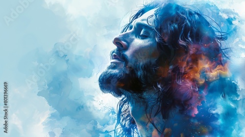 Vector illustration of Jesus Christ in worship against a vibrant blue watercolor background. Ample copy space provided for additional elements. 
