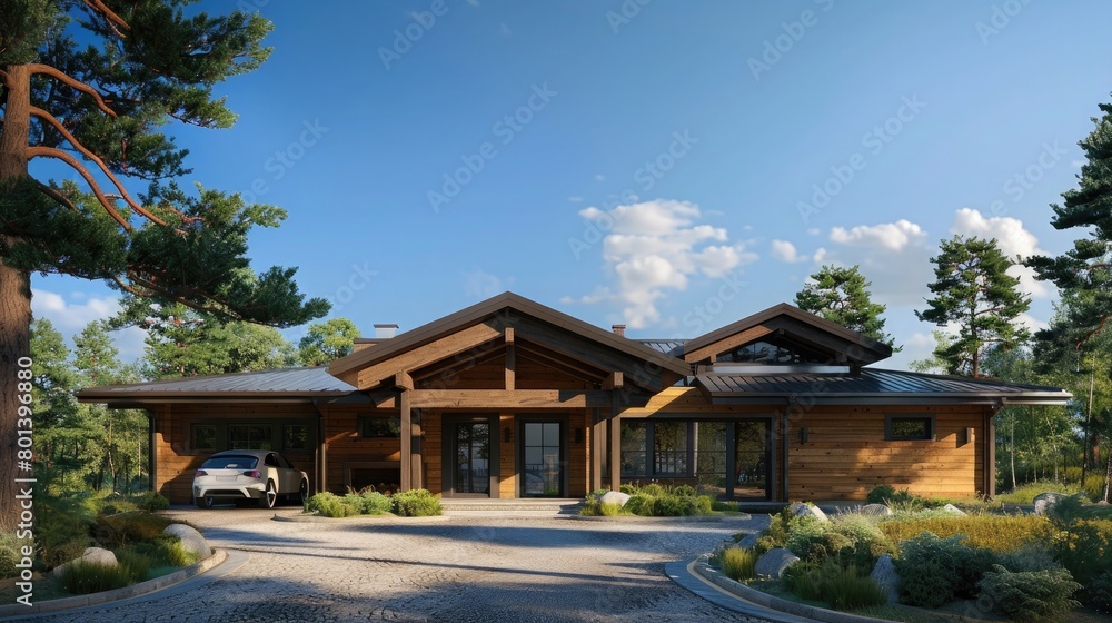 Design a 3D render showcasing a modern, isolated residence with distinctive wooden features and an attached garage