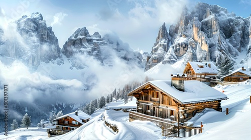 Winter Wonderland Scene with Snow-Covered Alpine Houses. Pristine Mountain Landscape and Cozy Chalets in Snowfall. Perfect for Winter Vacation Promotions. AI