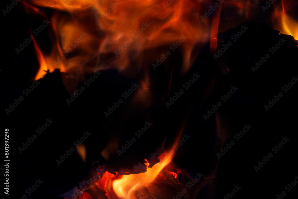 Fire flames with wood in fireplace