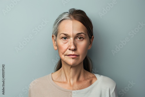 Anti aging cream and exercise reshape perceptions of aging  balanced by visual metaphors and hair color symmetry.