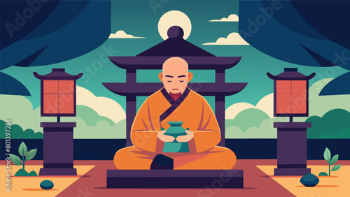 In a quiet temple in Japan a monk with OCD found inner peace and mindfulness through his meticulous attention to rituals and daily practices.. Vector illustration