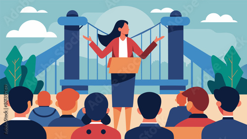 A speaker addressing a crowd at a reconciliation workshop emphasizing the importance of building bridges and understanding.. Vector illustration