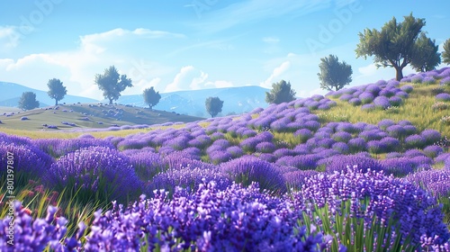 This is an image of a field of lavender in bloom. The flowers are purple and the sky is blue. There are some trees in the background.  