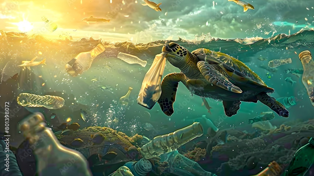 Sea Turtle Amidst Plastic Pollution in Ocean Waters. Environmental Concerns and Marine Life. Nature Conservation Efforts Needed. Underwater Scene. AI