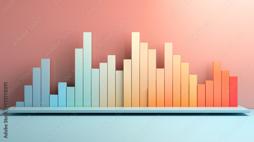 A 3D illustration of a colorful bar graph displayed on a smooth gradient background transitioning from blue to pink.