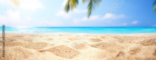 Beautiful wide panorama of a paradise beach with golden sand and palm leaves in blur. Summer banner. © Laura Pashkevich
