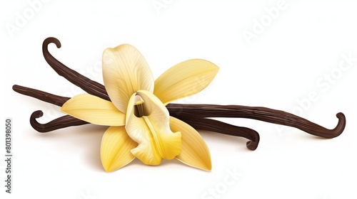 Highly detailed illustration featuring a yellow vanilla flower and dark brown vanilla pods.