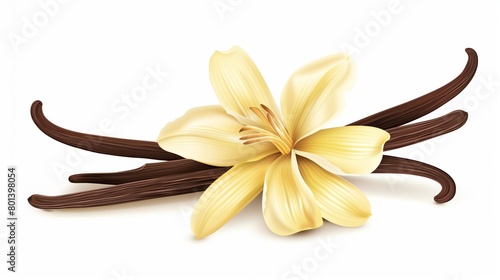 Illustration of a vanilla flower and pods on a white background, detailed and vibrant.