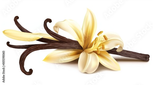 Highly detailed illustration of a cream-colored lily flower and dark brown vanilla pods.