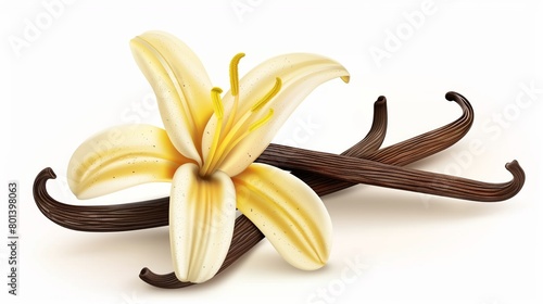 A realistic illustration of a blooming yellow lily flower and several brown vanilla pods.
