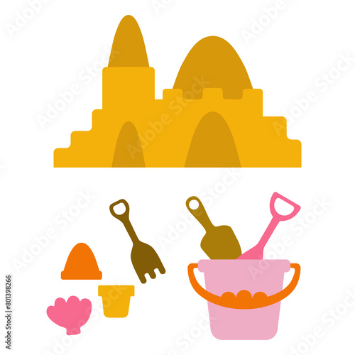 Sand bucket and scoops for children to play in building sand castles.