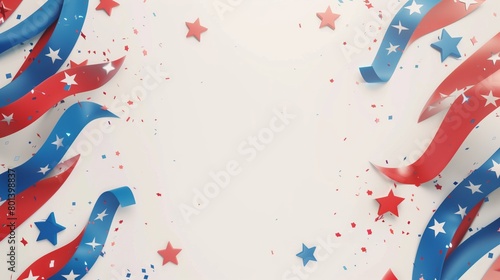 Patriotic themed banner with flowing ribbons and scattered stars in American flag colors, ideal for national holidays. photo