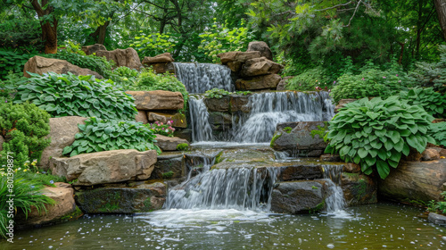 A waterfall cascades through a garden  surrounded by rocks and lush vegetation