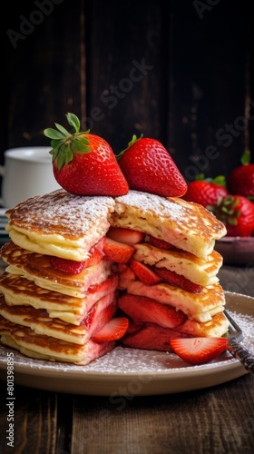 delicious fluffy strawberry pancakes with the topping of strawberries slices on a plate with a slice cut out
