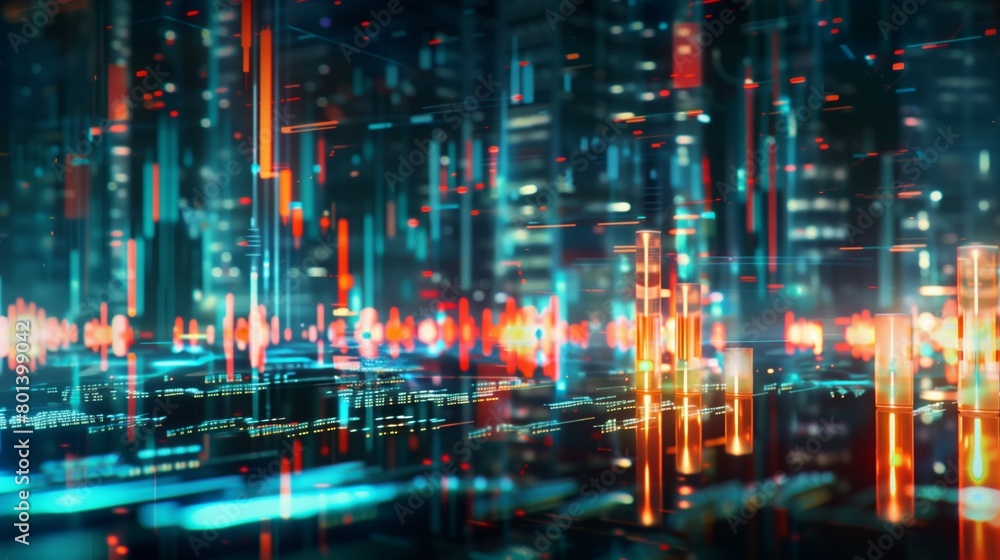 Vibrant digital cityscape with glowing abstract neon lights and vertical data lines.