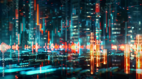 Vibrant digital cityscape with glowing abstract neon lights and vertical data lines.