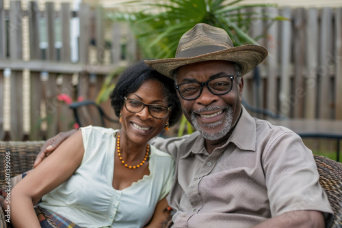 Senior African American couple smiling and relaxing together in their garden, enjoying a sunny day.