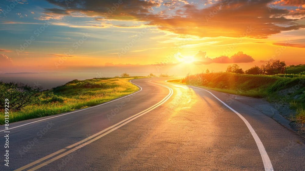 A road leading into the horizon with the sun setting in the background, casting a warm glow over the landscape