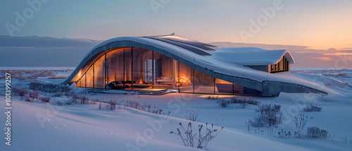 Isolated aerial drone shot, modern futuristic hyperbolic paraboloid sustainable design concrete eco home at sunset, golden hour, with photovoltaic solar panels. Minimalist, trendy, luxury, stylish