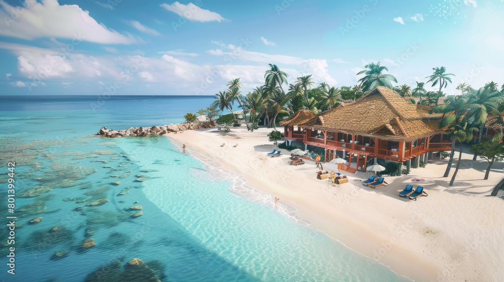 Obraz premium Aer view of a luxurious beach resort with palm trees, pools, and white sandy beaches