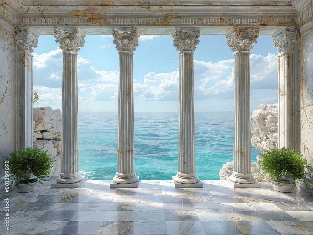 3D wallpaper, Greek pillars with sea view, white marble floor, fantasy landscape. Created with Ai