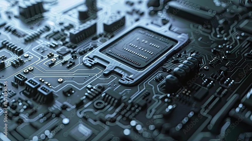 The image shows a close-up of a computer circuit board with a central processing unit (CPU) chip The image shows a close-up of a computer circuit board with a central processing unit (CPU) chip
