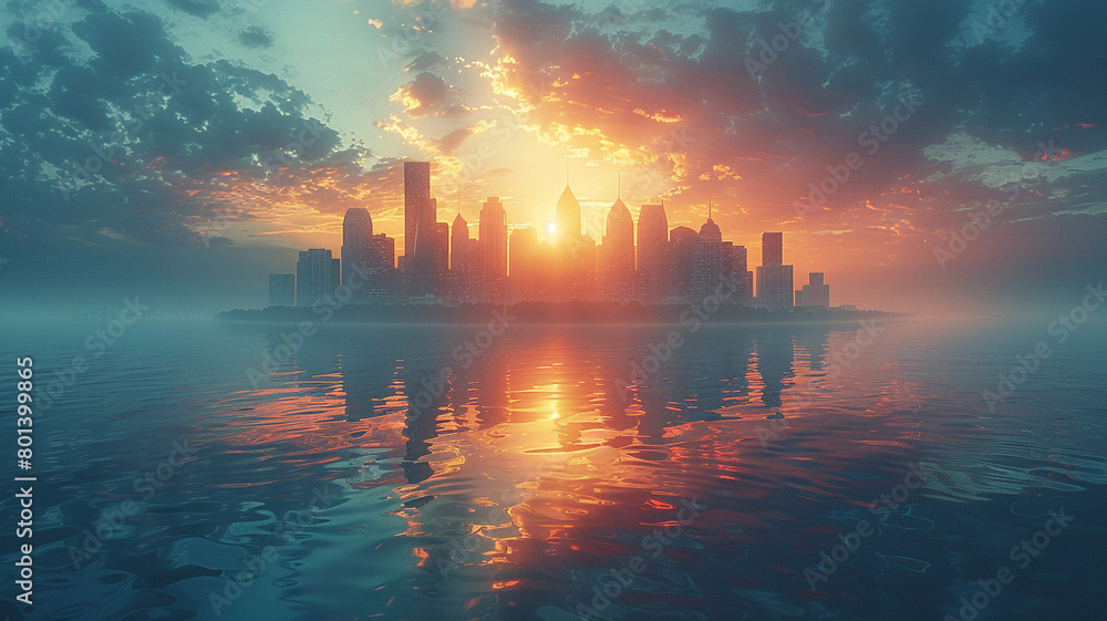 A surreal cityscape reflected in the ripples of a digital ocean.