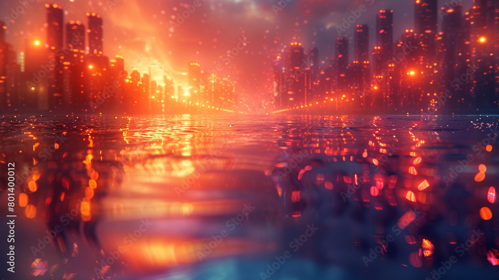 A surreal cityscape reflected in the ripples of a digital ocean.