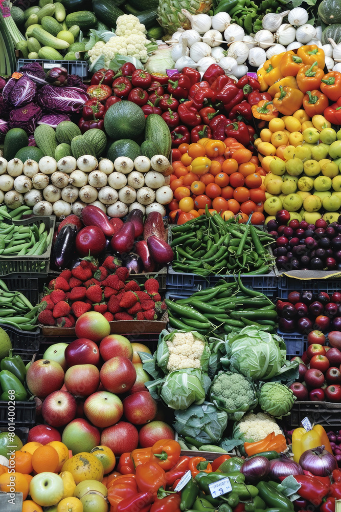 A diverse array of fresh fruits and vegetables arranged neatly on a large table for display